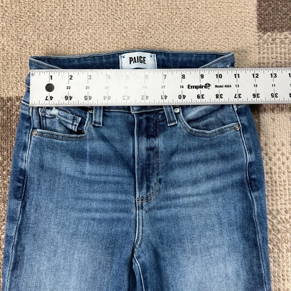 Paige Laurel Canyon High Rise Flare Jeans Blue Raw Hem Size 24 Womens Distressed